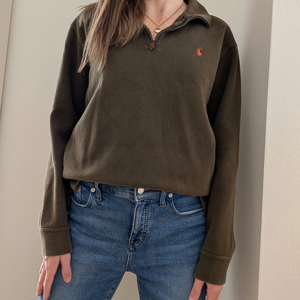 Vintage Polo Ralph Lauren Embroidered Logo Quarter Zip Henley In Olive Green - Picture 2 of 6